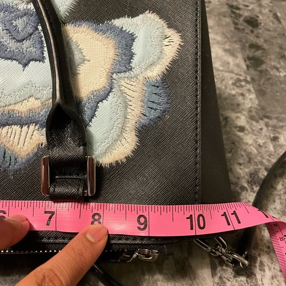 Tory Burch Robinson Floral Tote‎ Shoulder Crossbody Handbag Black Blue Leather